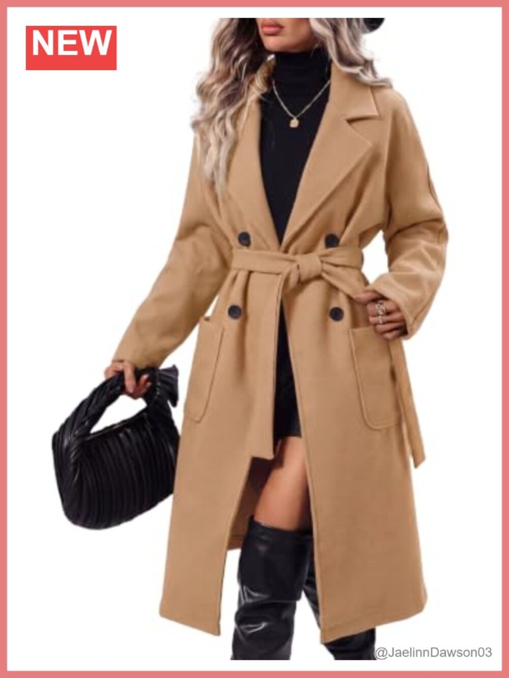 Wool Blend Peacoat Double Breasted Notched Lapel Belted Winter Coat